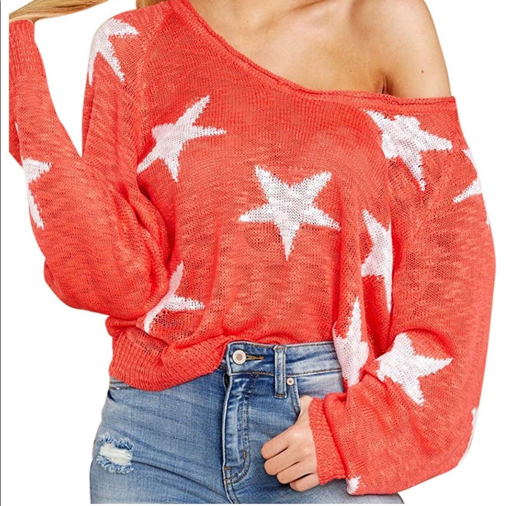 NWT! Coral Boat neck off shoulder Star Print sweater